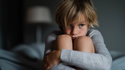Fototapeta premium Young boy sitting curled up in bed looking sad in dim light 