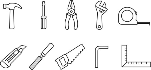 Collection of essential hand tools illustrated in a clean, modern line art style