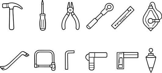 Collection of simple line art icons representing various common hand tools for construction and repair