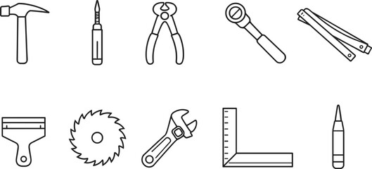 Naklejka premium Collection of various hand tools and hardware icons in a clean line art style