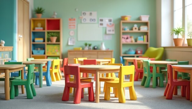 Empty classroom with colorful tables and chairs for children. Wooden shelves hold toys and books. Sunlight streams through the window onto the playroom floor. This space awaits young learners.