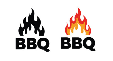 Barbecue logo design featuring flame icons presented in both solid black and vibrant color variations