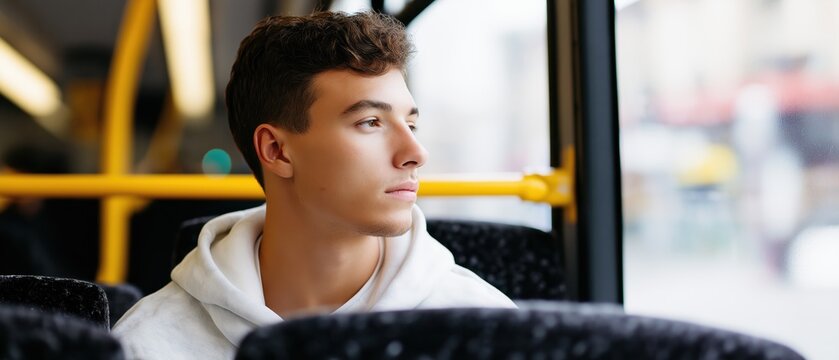 Young man sitting on bus and looking out the window thoughtfully  