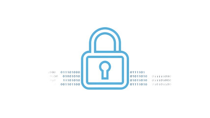 A vibrant blue outline stylized digital padlock icon symbolizing data security and protection with abstract binary code isolated on transparent backgr
