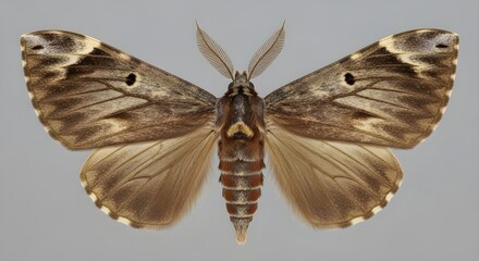 A large brown moth with its wings spread wide on a gray background