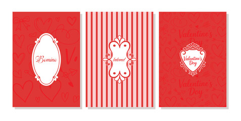 Romantic Valentine's Day Greeting Cards Collection with Hand-Drawn Hearts and Elegant Textures in Red and White