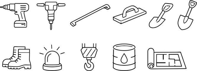 Collection of construction and building tools icons, simple line art style
