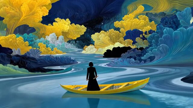 A solitary figure in a black robe rows a yellow boat through a vibrant stylized river landscape