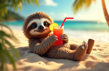 Naklejka premium Cute sloth sits on sandy beach with tropical drink. Palm leaves frame scene of animal relaxing by blue ocean. Summertime fun and lazy holiday mood.