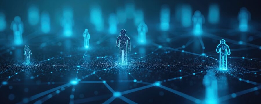 Digital connection network shows abstract human figures linked by glowing blue lines. Cybernetic network system visualizes global communication, data sharing, digital connections. People connect on