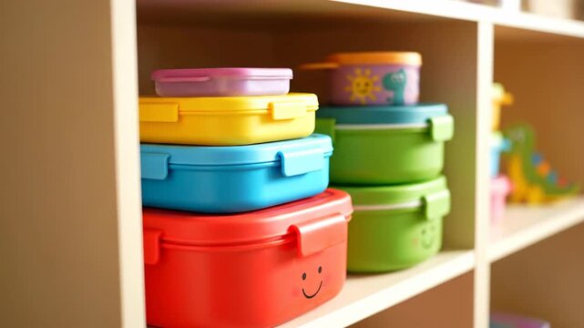 Colorful containers on shelf, storage solution for toys and lunchboxes