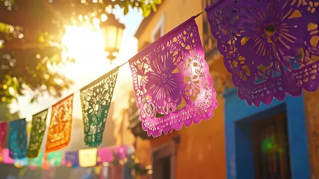 Colorful papel picado banners are strung across a street, creating a festive and vibrant atmosphere in the neighborhood.