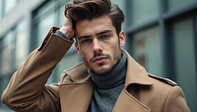 Young man in trench coat. Stylish male with fashionable hair and beard poses outdoors near modern building. Confident person wears casual clothes, looks seriously.