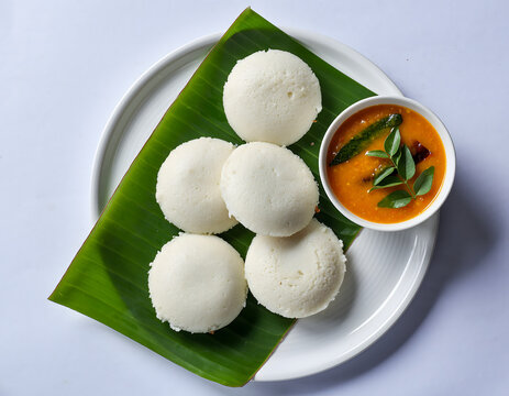 traditional south indian idli served with chutney on banana leaf