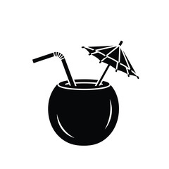 Black Silhouette of a Coconut Drink with Umbrella and Straw