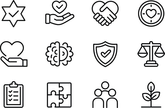 Set of 12 outline icons of corporate social responsibility. Includes integrity, trust, teamwork, and balance
