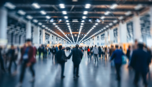 large crowd walking inside modern exhibition hall creating dynamic business atmosphere