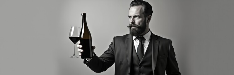 Fototapeta premium Man with beard and mustache wears formal suit. He holds wine bottle and glass. Gentleman offers beverage for tasting. Elegant man checks drink quality.