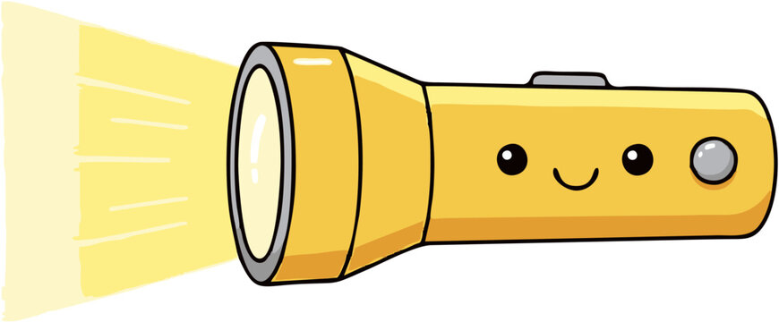 Smiling cartoon flashlight with beam.