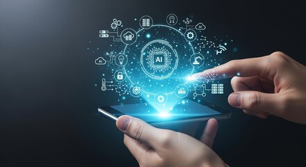 Fototapeta premium Futuristic AI Mobile Interface with Hologram Interaction, Innovative Smartphone Technology Design