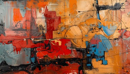 Fototapeta premium A vibrant abstract painting with a mix of orange, red, blue, and black colors on a textured canvas