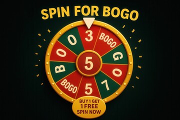 Engaging SPIN FOR BOGO promotion banner with BUY 1 GET 1 FREE offer, vibrant and eye-catching gaming style, perfect for retail discount.