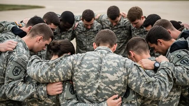 A diverse group of young male and female soldiers in camouflage uniforms standing in a circle with arms around each other in a huddle for prayer or motivation.