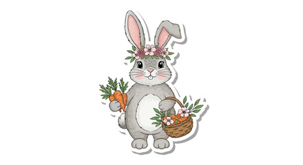 Obraz premium A cute grey bunny wearing a flower crown holds carrots and a basket of flowers.