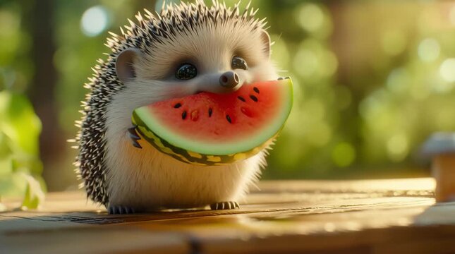 A hedgehog holds a piece of watermelon in its paws on a blurred background. The concept of summer, fruits, healthy eating, and funny forest animals.