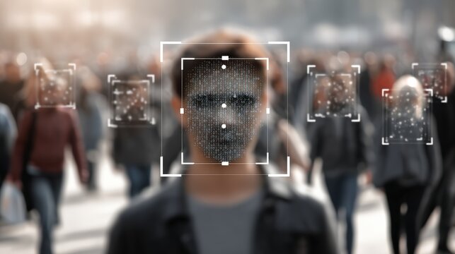 A person stands out in a crowd, with a digital overlay of facial recognition technology highlighting their face among blurred onlookers, AI integrated cyber security overlay background