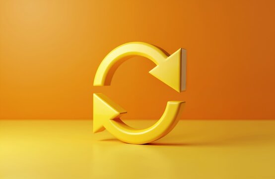 Yellow refresh arrows in circle symbol. Reload icon on orange background. Repeat and rotation sign. Minimalist graphic element. Cycle loop concept.