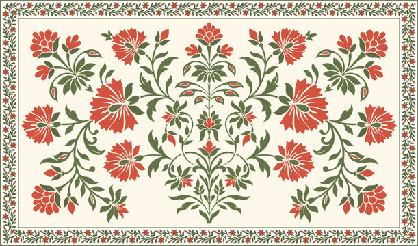 Traditional botanical floral artwork with hand drawn orange flower motifs. Botanical floral ethnic artwork inspired by traditional Indian flower motifs.