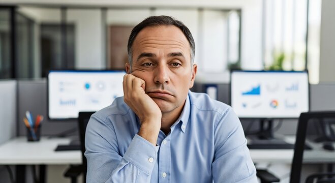 Bored and tired middle aged man sitting at office desk with hand on chin looking at camera, exhausted male employee feeling unmotivated and sleepy at workplace