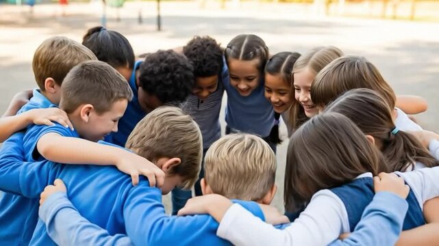 A diverse group of happy elementary school children standing in a circle with arms around each other, showing friendship and teamwork on a sunny playground.