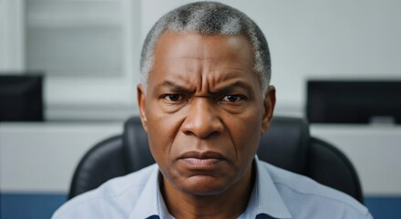 Obraz premium Portrait of a serious and focused mature African American businessman in his 50s sitting in a modern office chair looking directly at the camera with a stern expression