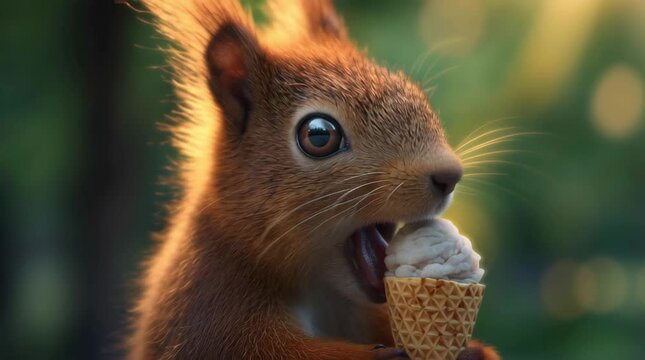 A close-up of a squirrel holding a vanilla ice cream cone in its paws and smiling happily in a blurred background, representing the concept of summer and joy.	