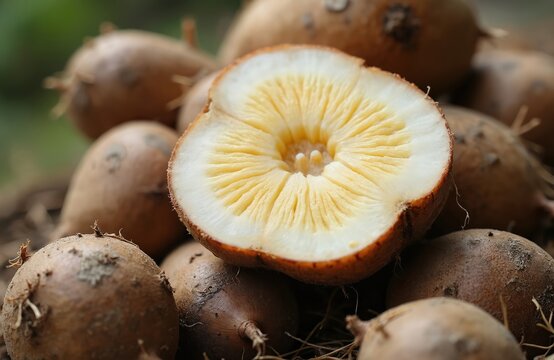 Amorphophallus konjac tubers or corms shown close up. One corm is sliced revealing fibrous yellow interior. Used in food and health supplements for weight loss.
