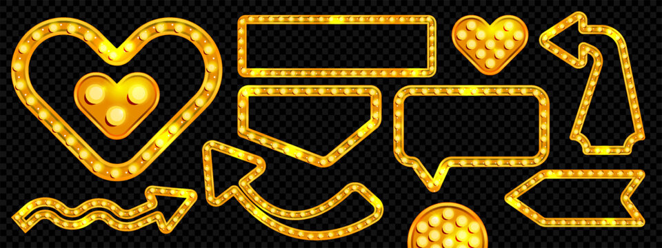 Gold marquee cinema frame. Circus light sign with arrow and heart. Neon casino signage for banner. 3d carnival border with lamp. Blank glowing rectangle badge for quiz entertainment or disco label.