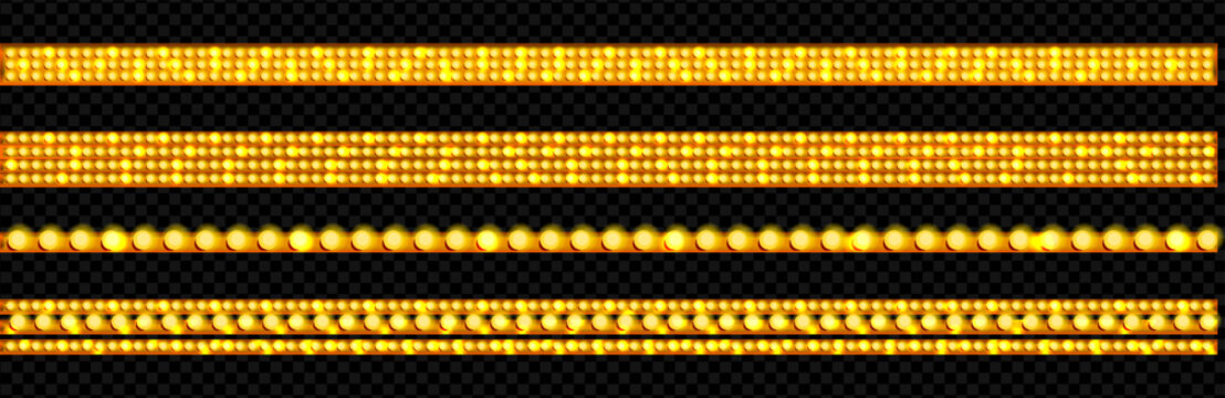 Gold light border. Marquee circus decoration with lamp. Theater string with bulb on transparent png background. Casino neon illumination frame for celebration backdrop. Glowing winter tape graphic.
