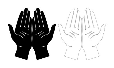 Obraz premium Open hands, one black silhouette and one white outline, reaching upwards in prayer or supplication.