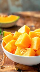 Bright, cubed fruit in a white bowl, on wood