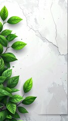 Green leaves adorn a marble backdrop with cracks