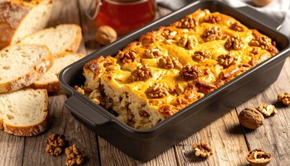 Golden baked dessert with nuts, bread, honey on wood