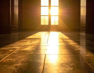 Bright sunlight streams through a square pane window