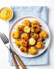 Fried quail eggs, bacon, mustard, fork, knife, blue cloth