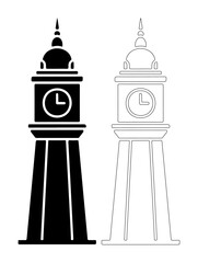 Timeless clock tower illustration in silhouette and outline for design