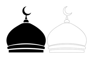 Iconic Islamic mosque domes, one black silhouette and one white outline, symbolizing faith and architecture