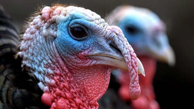 Extreme Closeup of Tom Turkey Head with Red and Blue Wattle