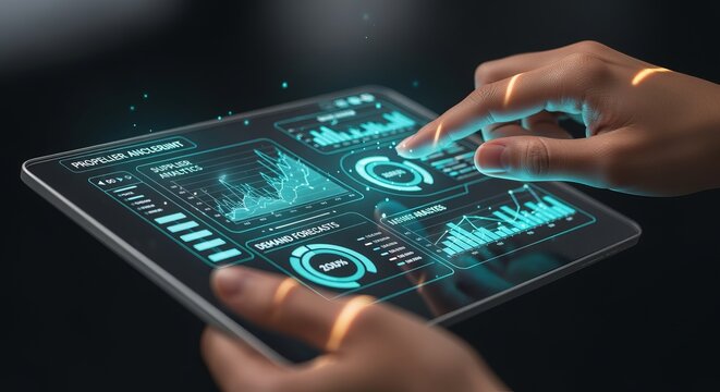 Hands Interacting with a High-Tech Transparent Tablet Displaying Analytics on Procurement Data