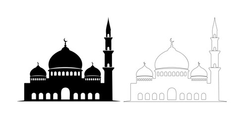 Silhouette and outline of a mosque with minarets and domes, symbolizing Islamic architecture.